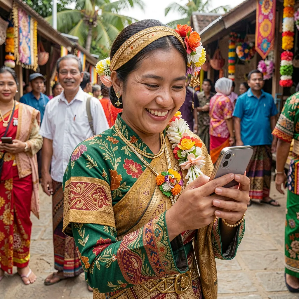 Filipino woman in traditional attire smiling while using the BXBBET mobile app on her smartphone