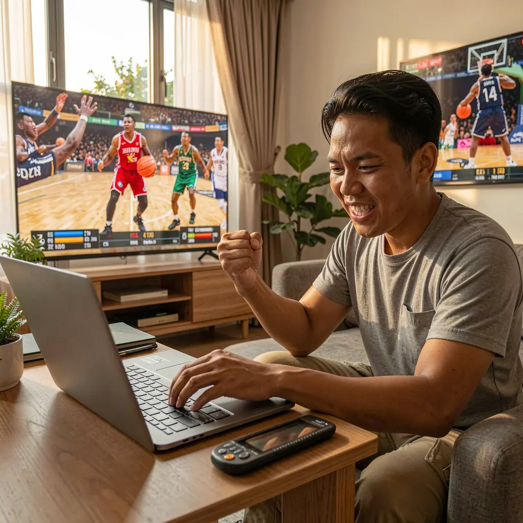 Confident Filipino sports bettor celebrating a successful bet on BXBBET while watching a live basketball game at home