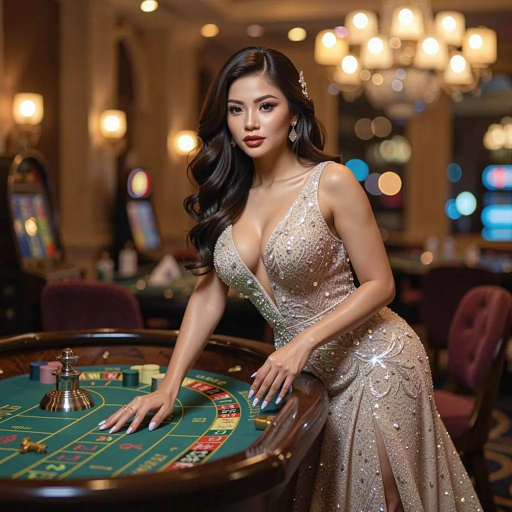 Elegant casino scene with a beautiful woman in a sparkling gown near a roulette table highlighting the luxury gaming experience at BXBBET for players in the Philippines